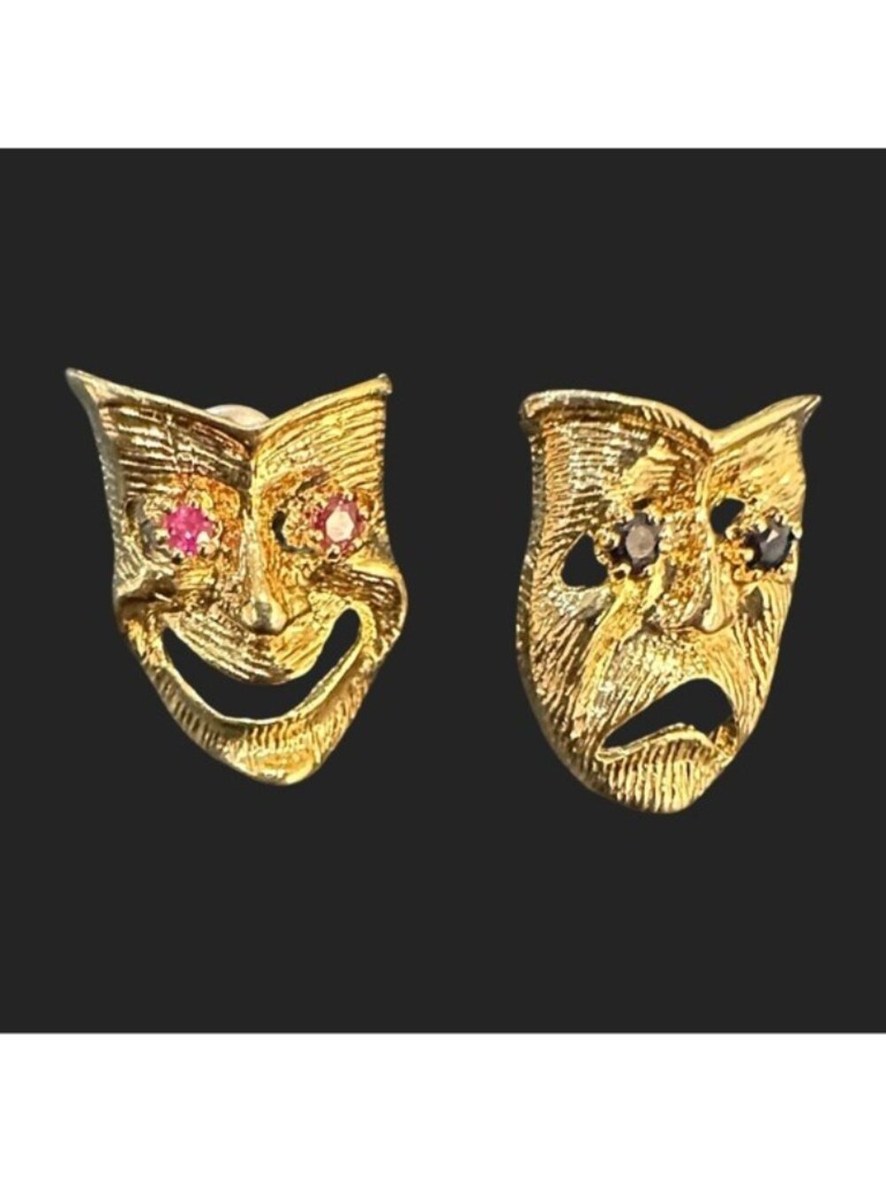 Comedy and Tragedy Mask Earrings Gold Tone Rhinestone Eyes Theater